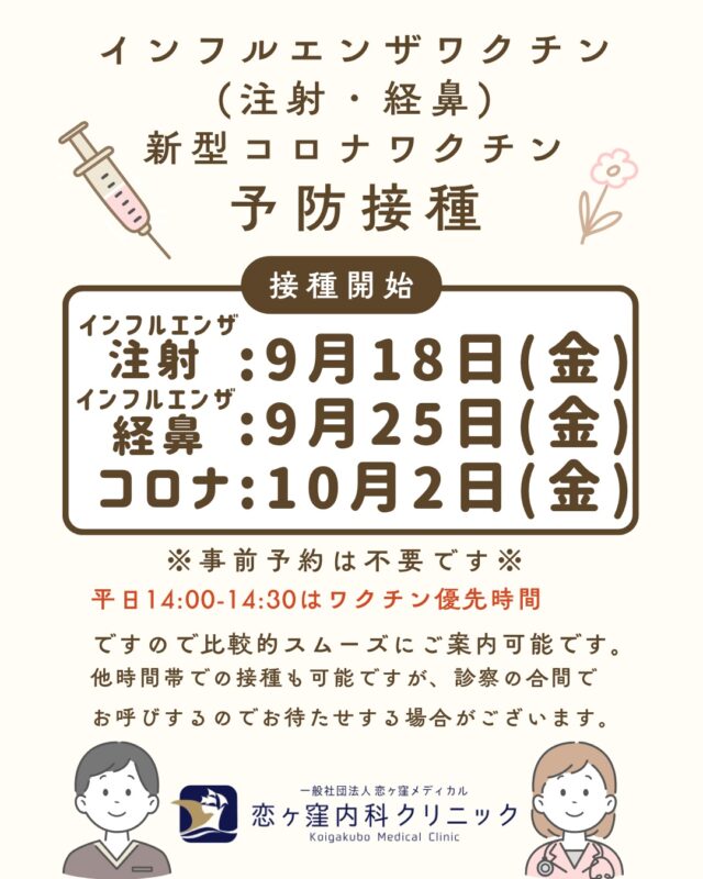 こんにちは、恋ヶ窪内科クリニックです😊

当院では、本日よりインフルエンザ(注射型)の予防接種を開始しました💉
9月25日(金)からは、小児インフルエンザワクチン経鼻噴射型「フルミスト」も接種開始となります。
今年は、インフルエンザの早い流行に伴い、接種開始日が異なりますので、ご注意ください💡
当院では予約は不要です👩‍🔬
平日14：00～14：30がワクチン接種優先時間帯となりますので比較スムーズにご案内できるかと思います。ぜひご利用ください✨
ワクチンは在庫がなくなり次第終了となりますため、何卒ご承知おきくださいますようお願い申し上げます🙏🏻
在庫がひっ迫してきた際は、当院ホームページ内の｢お知らせ｣にてご報告いたします。

************************************
👨‍⚕️恋ヶ窪内科クリニック👩‍⚕️
〒 185-0014
東京都国分寺市東恋ヶ窪5丁目16ｰ5
　 ベルフラワー恋ヶ窪1F
📞042-312-2150
*************************************

#インフル#インフルエンザ#インフルエンザワクチン#コロナ#コロナワクチン#フルミスト#予防接種#ワクチン #助成 #高齢者助成 #小児助成 #恋ヶ窪内科クリニック#恋ヶ窪メディカル#恋ヶ窪#国分寺#内科#予防医療